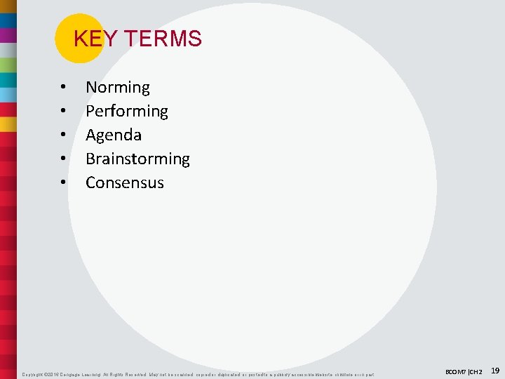 KEY TERMS • • • Norming Performing Agenda Brainstorming Consensus Copyright © 2016 Cengage