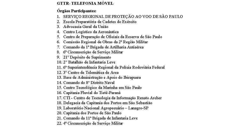 GTTR- TELEFONIA MÓVEL Órgãos Participantes: 1. SERVIÇO REGIONAL DE PROTEÇÃO AO VOO DE SÃO