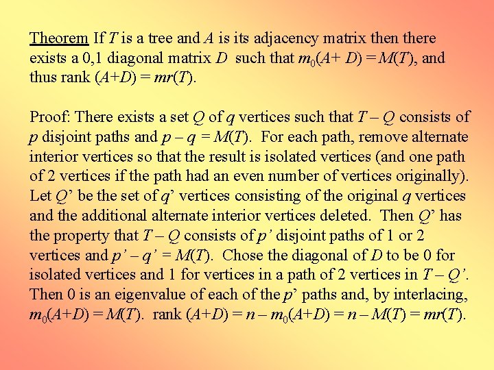 Theorem If T is a tree and A is its adjacency matrix then there