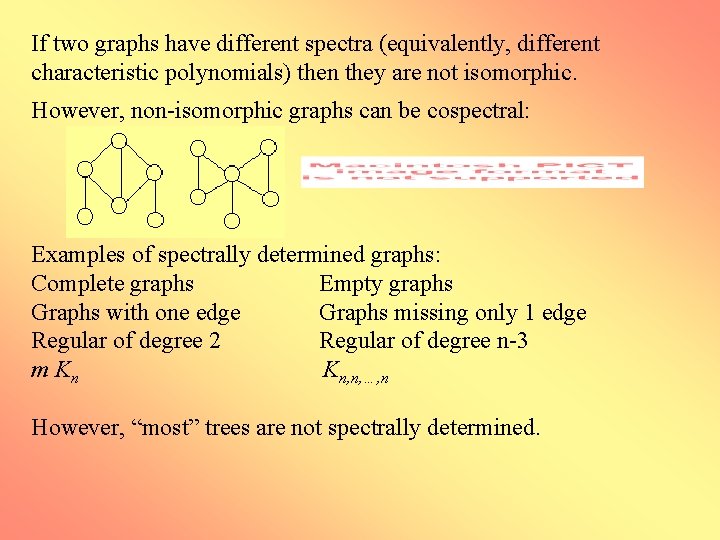 If two graphs have different spectra (equivalently, different characteristic polynomials) then they are not