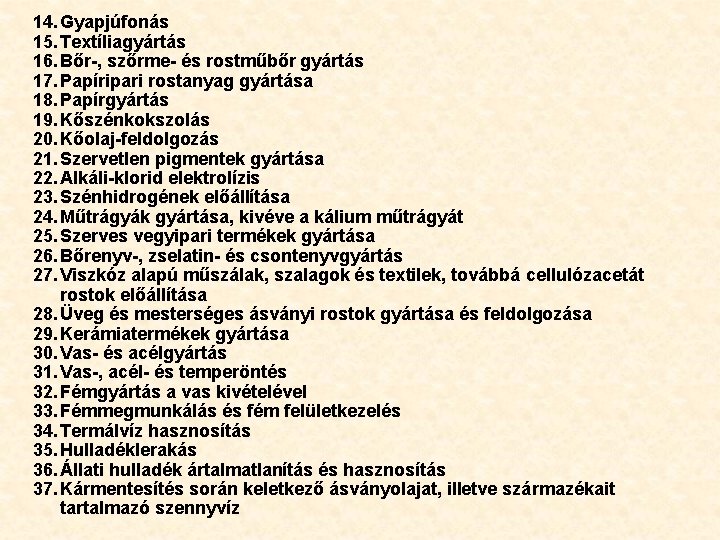 14. Gyapjúfonás 15. Textíliagyártás 16. Bőr-, szőrme- és rostműbőr gyártás 17. Papíripari rostanyag gyártása