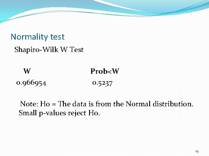 Normality test Shapiro-Wilk W Test W 0. 966954 Prob<W 0. 5237 Note: Ho =