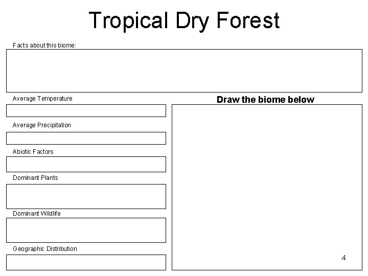Tropical Dry Forest Facts about this biome: Average Temperature Draw the biome below Average