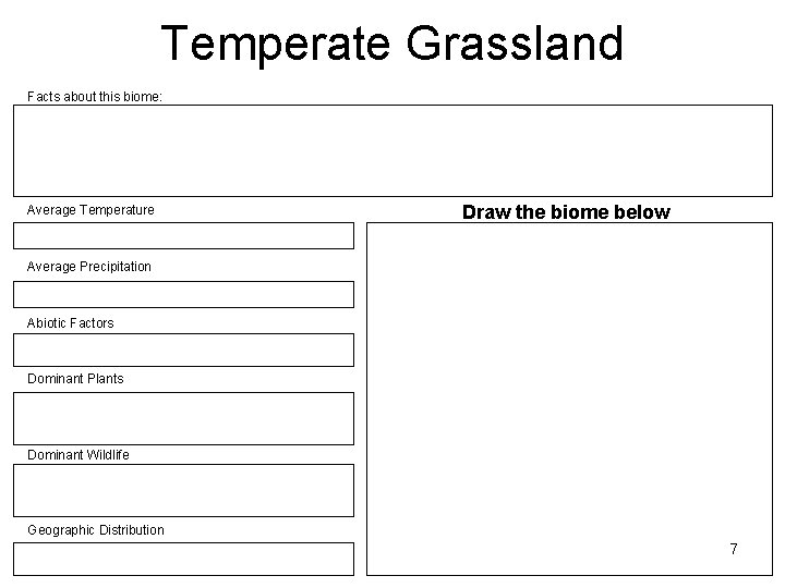 Temperate Grassland Facts about this biome: Average Temperature Draw the biome below Average Precipitation