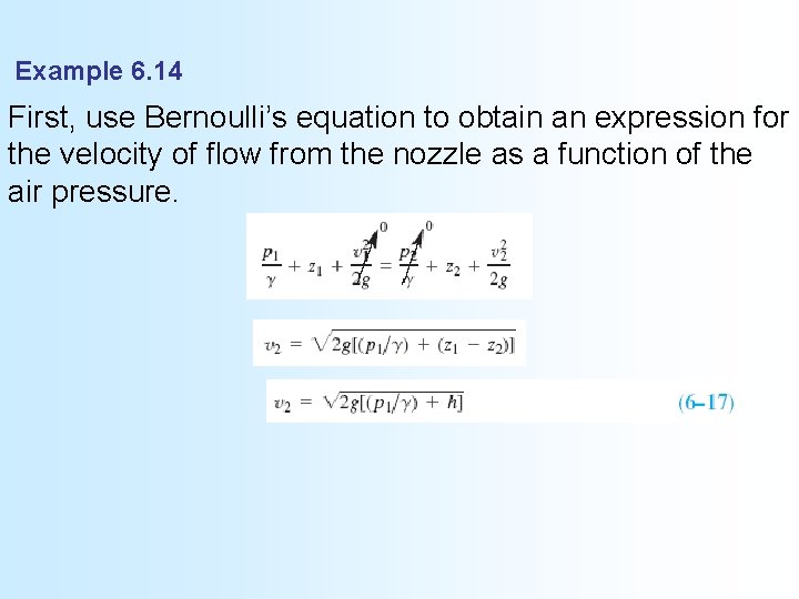 Example 6. 14 First, use Bernoulli’s equation to obtain an expression for the velocity