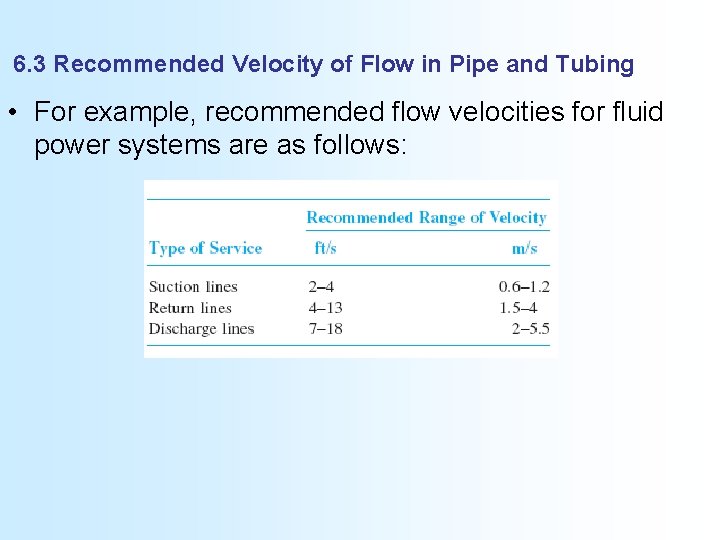 6. 3 Recommended Velocity of Flow in Pipe and Tubing • For example, recommended