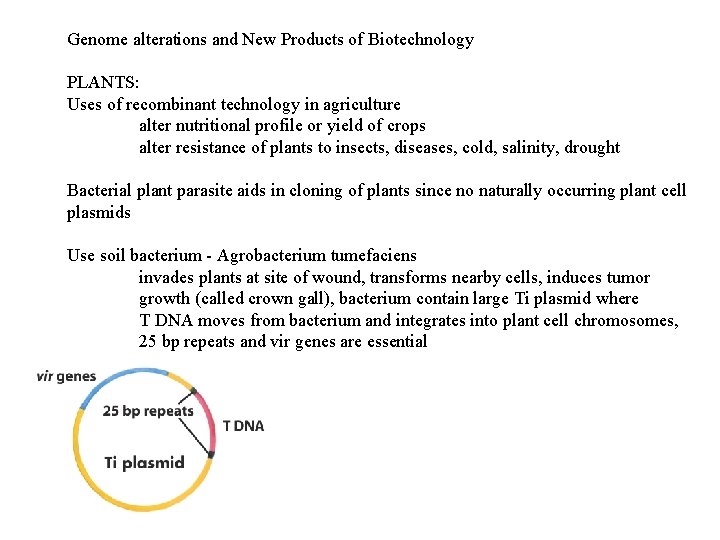 Genome alterations and New Products of Biotechnology PLANTS: Uses of recombinant technology in agriculture