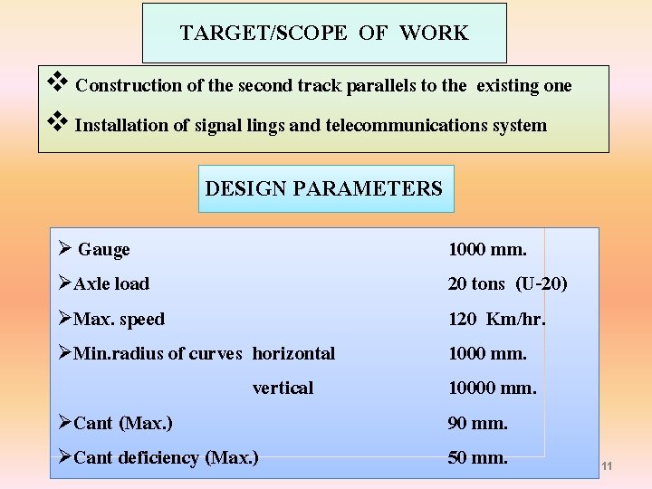 TARGET/SCOPE OF WORK v Construction of the second track parallels to the existing one