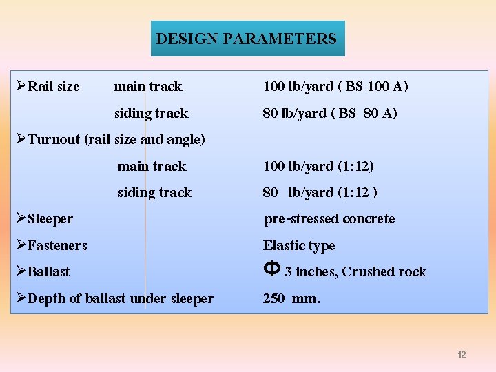 DESIGN PARAMETERS ØRail size main track 100 lb/yard ( BS 100 A) siding track