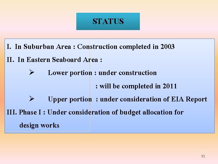 STATUS I. In Suburban Area : Construction completed in 2003 II. In Eastern Seaboard