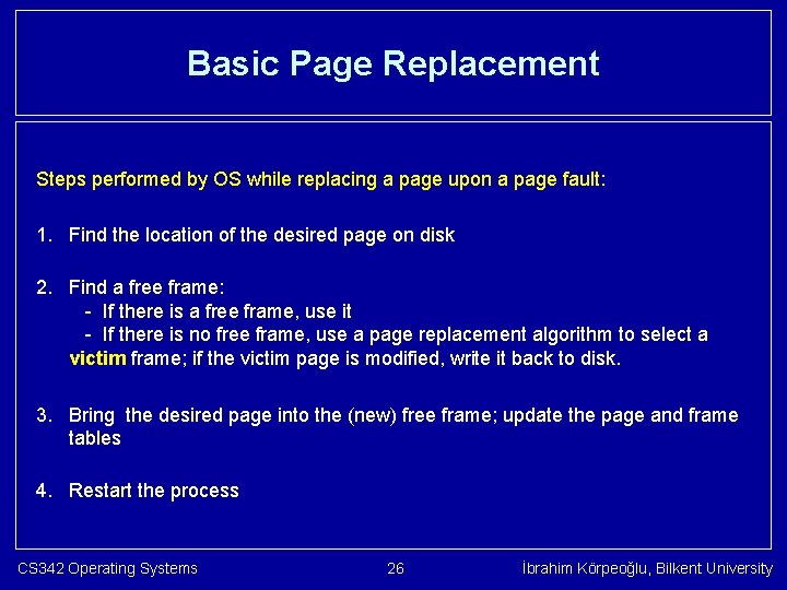 Basic Page Replacement Steps performed by OS while replacing a page upon a page