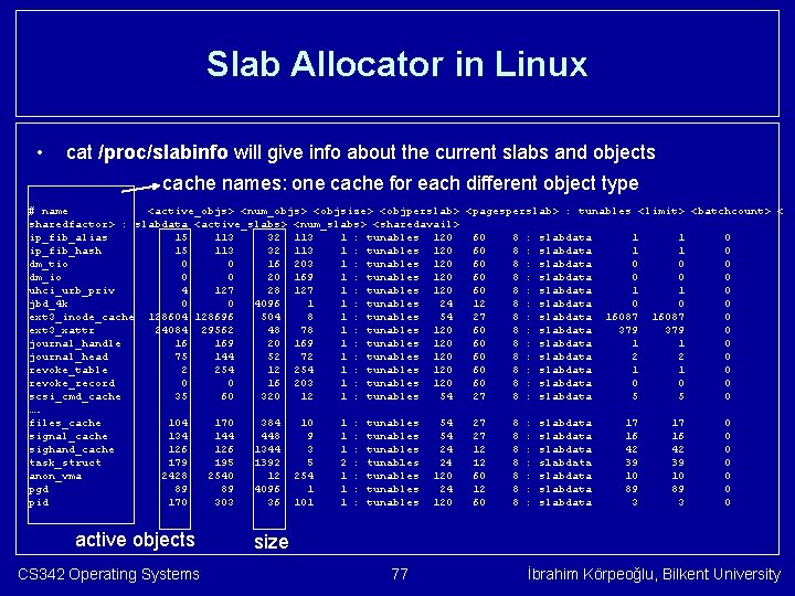 Slab Allocator in Linux • cat /proc/slabinfo will give info about the current slabs