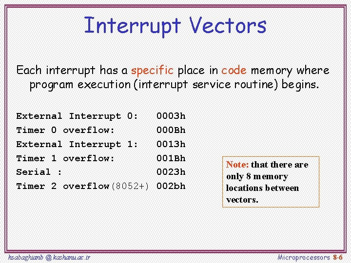 Interrupt Vectors Each interrupt has a specific place in code memory where program execution