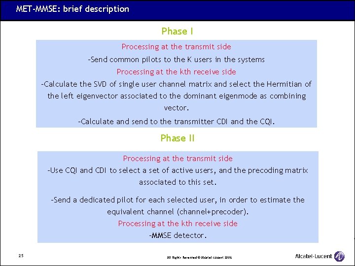 MET-MMSE: brief description Phase I Processing at the transmit side -Send common pilots to