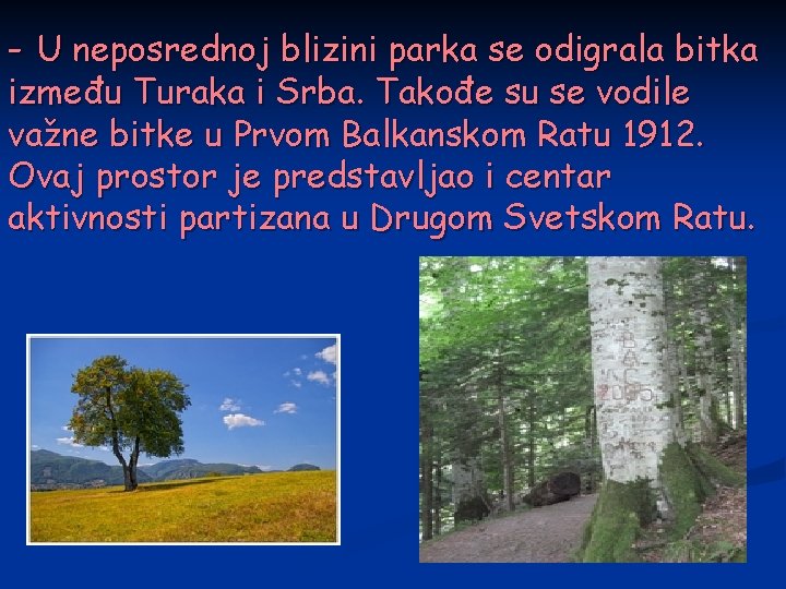 - U neposrednoj blizini parka se odigrala bitka između Turaka i Srba. Takođe su