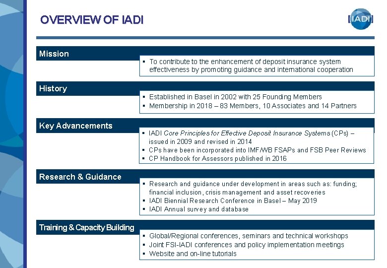 OVERVIEW OF IADI Mission § To contribute to the enhancement of deposit insurance system OVERVIEW OF IADI Mission § To contribute to the enhancement of deposit insurance system