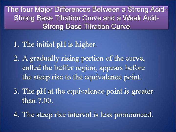 The four Major Differences Between a Strong Acid. Strong Base Titration Curve and a