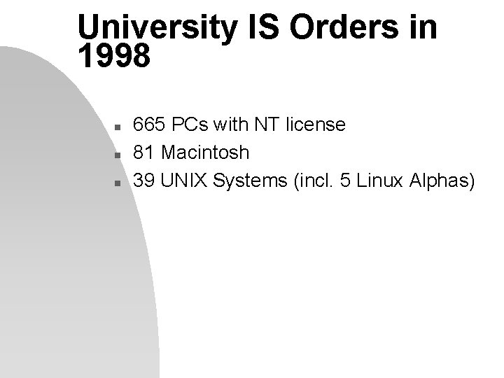 University IS Orders in 1998 n n n 665 PCs with NT license 81