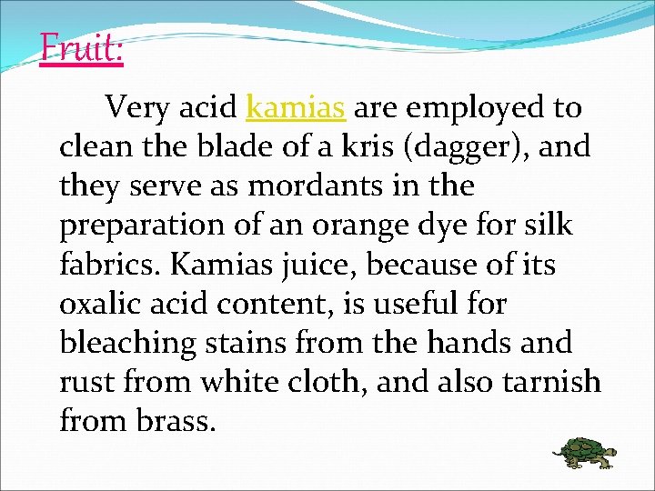 Fruit: Very acid kamias are employed to clean the blade of a kris (dagger),