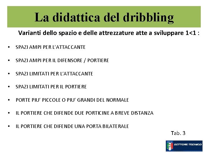 La didattica del dribbling Varianti dello spazio e delle attrezzature atte a sviluppare 1<1