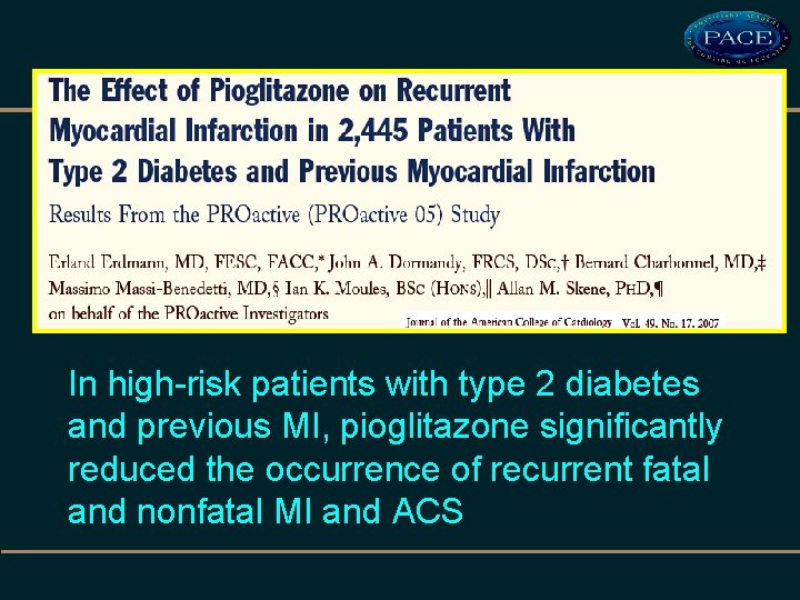 In high-risk patients with type 2 diabetes and previous MI, pioglitazone significantly reduced the