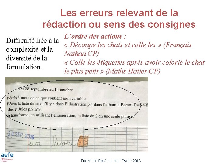 Les erreurs relevant de la rédaction ou sens des consignes L’ordre des actions :