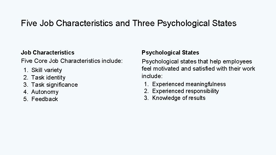 Five Job Characteristics and Three Psychological States Job Characteristics Psychological States Five Core Job