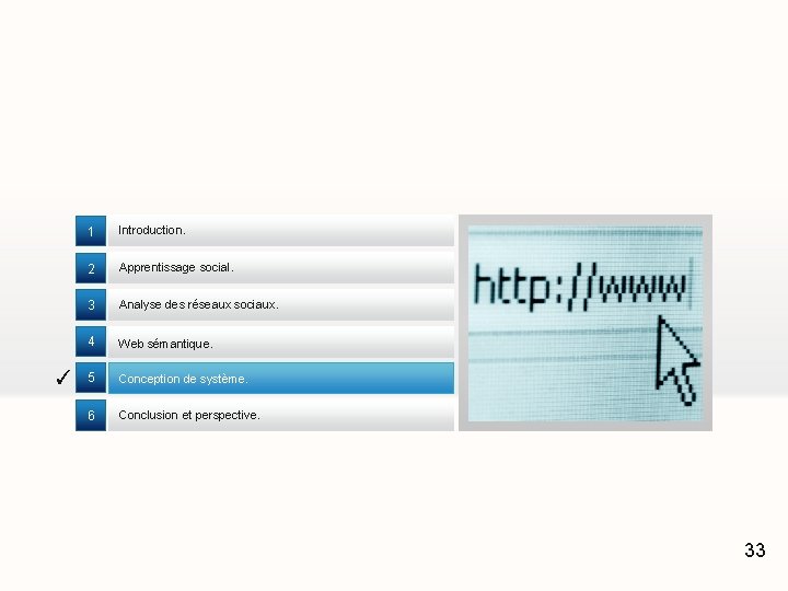 ✓ 1 Introduction. 2 Apprentissage social. 3 Analyse des réseaux sociaux. 4 Web sémantique.