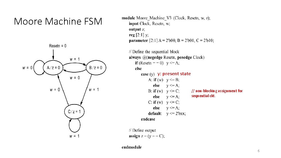 Moore Machine FSM y: present state // non-blocking assignment for sequential ckt. 6 