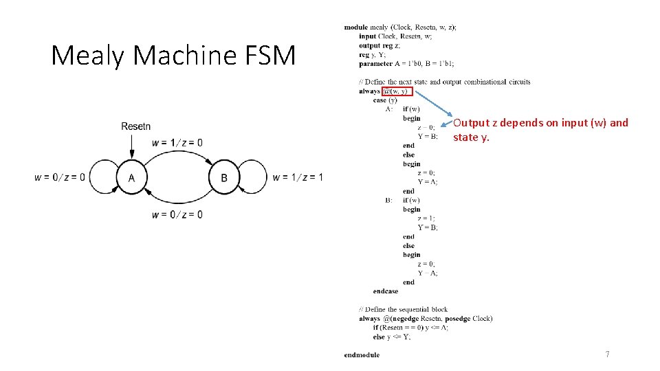 Mealy Machine FSM Output z depends on input (w) and state y. 7 