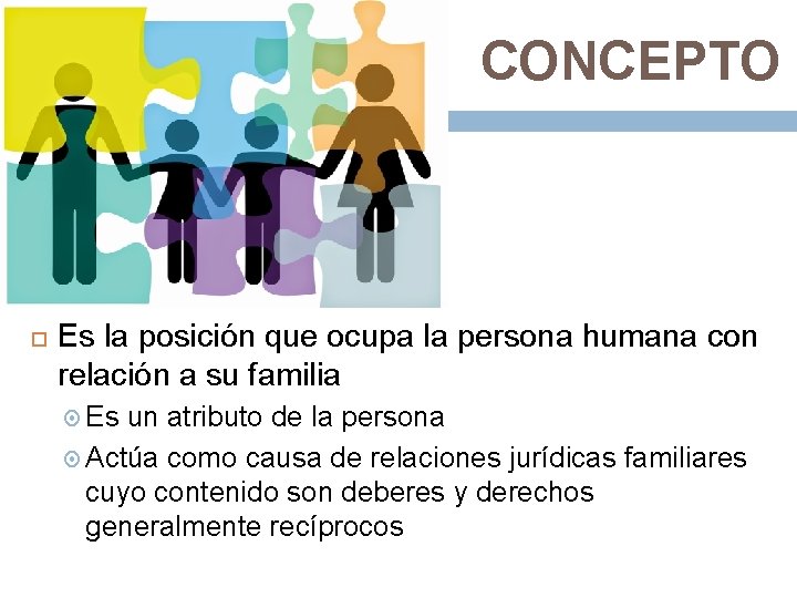 CONCEPTO Es la posición que ocupa la persona humana con relación a su familia