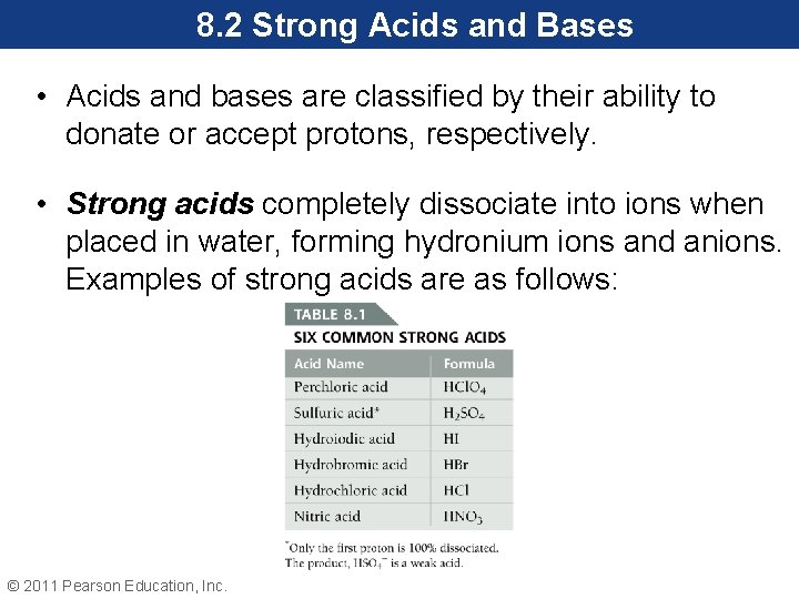 8. 2 Strong Acids and Bases • Acids and bases are classified by their
