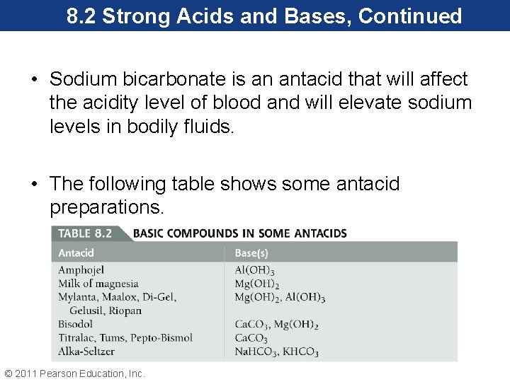 8. 2 Strong Acids and Bases, Continued • Sodium bicarbonate is an antacid that