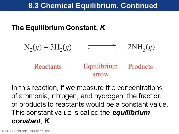 8. 3 Chemical Equilibrium, Continued The Equilibrium Constant, K In this reaction, if we
