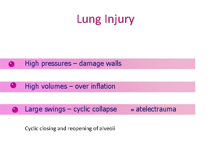 Lung Injury High pressures – damage walls High volumes – over inflation Large swings