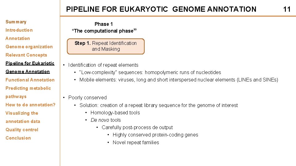 PIPELINE FOR EUKARYOTIC GENOME ANNOTATION Summary Introduction Annotation Genome organization Phase 1 “The computational