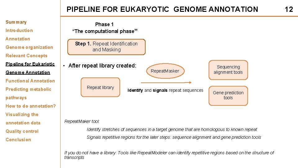 PIPELINE FOR EUKARYOTIC GENOME ANNOTATION Summary Introduction Annotation Genome organization Phase 1 “The computational