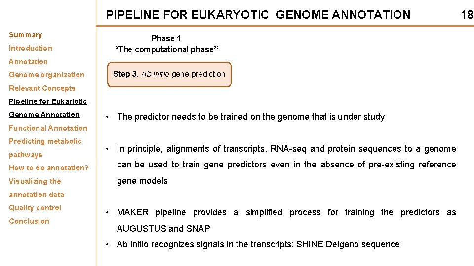 PIPELINE FOR EUKARYOTIC GENOME ANNOTATION Summary Introduction Phase 1 “The computational phase” Annotation Genome