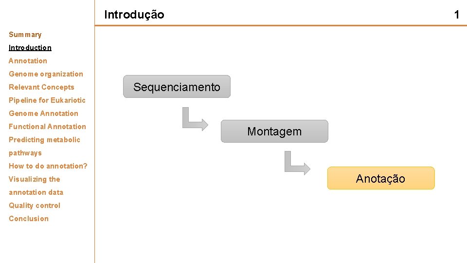 Introdução 1 Summary Introduction Annotation Genome organization Relevant Concepts Sequenciamento Pipeline for Eukariotic Genome