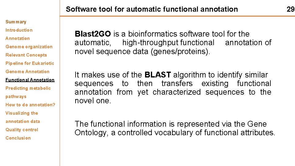 Software tool for automatic functional annotation Summary Introduction Annotation Genome organization Relevant Concepts Blast