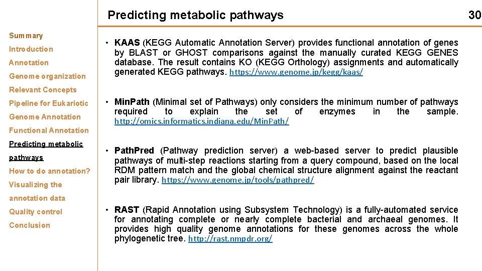 Predicting metabolic pathways Summary Introduction Annotation Genome organization • KAAS (KEGG Automatic Annotation Server)