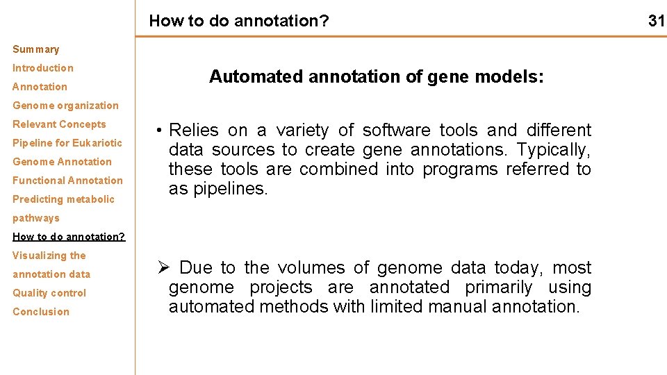 How to do annotation? Summary Introduction Annotation Automated annotation of gene models: Genome organization