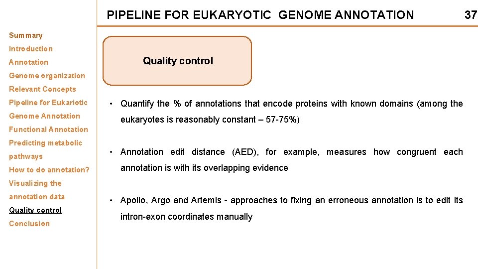 PIPELINE FOR EUKARYOTIC GENOME ANNOTATION 37 Summary Introduction Annotation Quality control Genome organization Relevant