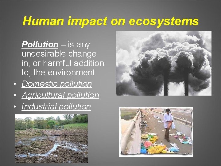 Human impact on ecosystems Pollution – is any undesirable change in, or harmful addition