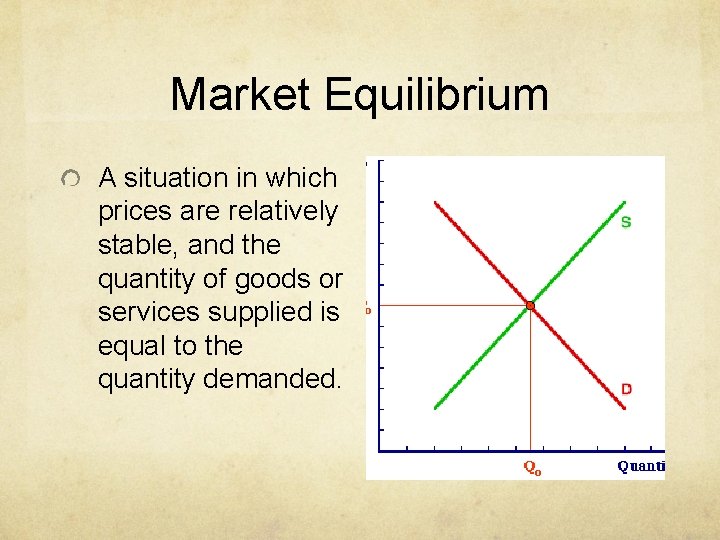 Market Equilibrium A situation in which prices are relatively stable, and the quantity of