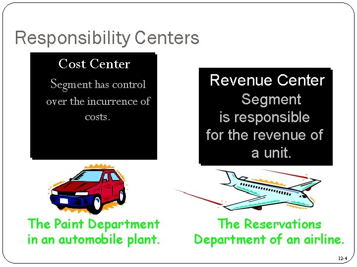 Responsibility Centers Cost Center Segment has control over the incurrence of costs. The Paint