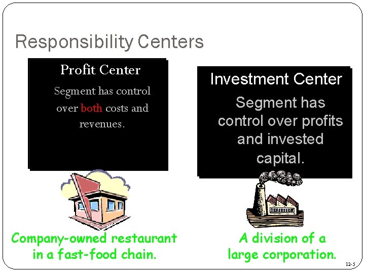 Responsibility Centers Profit Center Segment has control over both costs and revenues. Company-owned restaurant