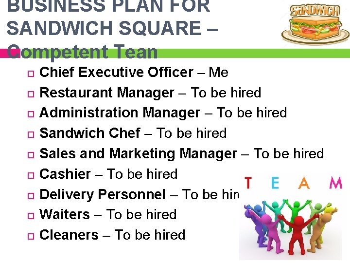 BUSINESS PLAN FOR SANDWICH SQUARE – Competent Tean Chief Executive Officer – Me Restaurant