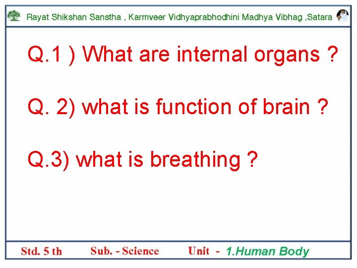 Q. 1 ) What are internal organs ? Q. 2) what is function of