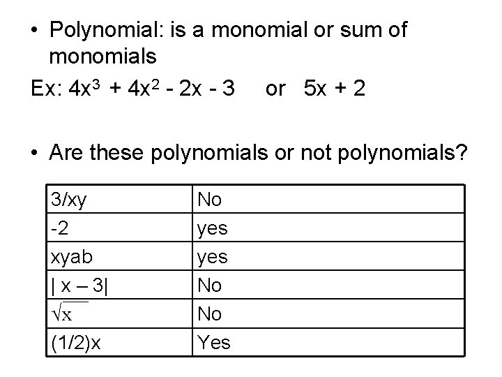  • Polynomial: is a monomial or sum of monomials Ex: 4 x 3